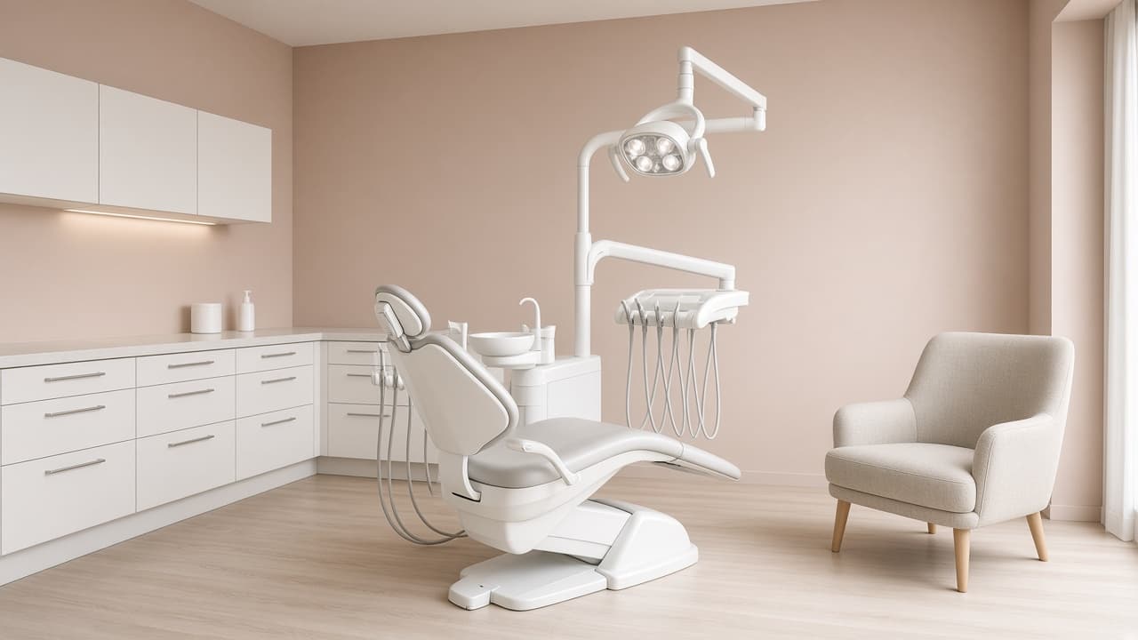 A beige upholstered consult chair stands next to a white dental chair and an overhead operating light in an empty blush room.