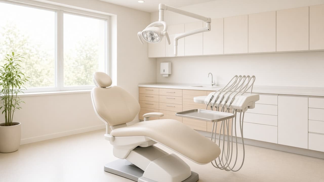 A reclined cream dental chair sits under a white operating light in a bright empty operatory with a large window.