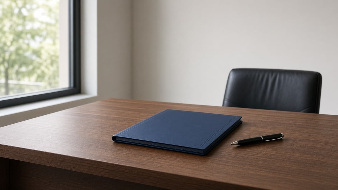 A closed navy folder and a black pen rest on a wood desk beside an empty leather chair.