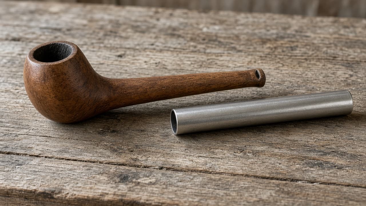 A handmade wooden pipe lies beside a plain metal pipe on a workbench.