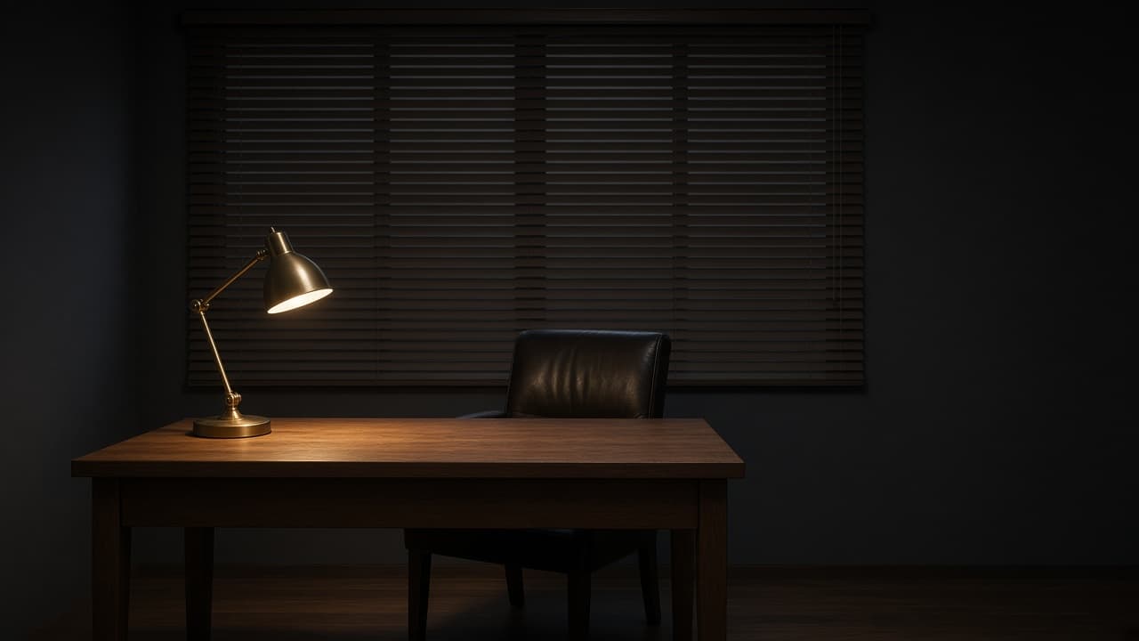 A wooden desk and empty leather chair in a dark office, lit by a brass lamp beneath closed blinds.
