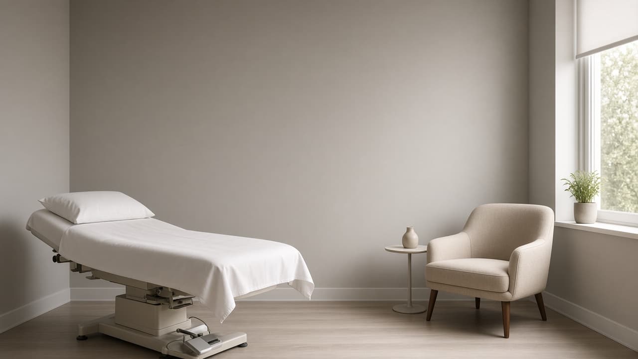 An empty exam table with a white cover sits across from a beige armchair and a small plant in a blank-walled room.