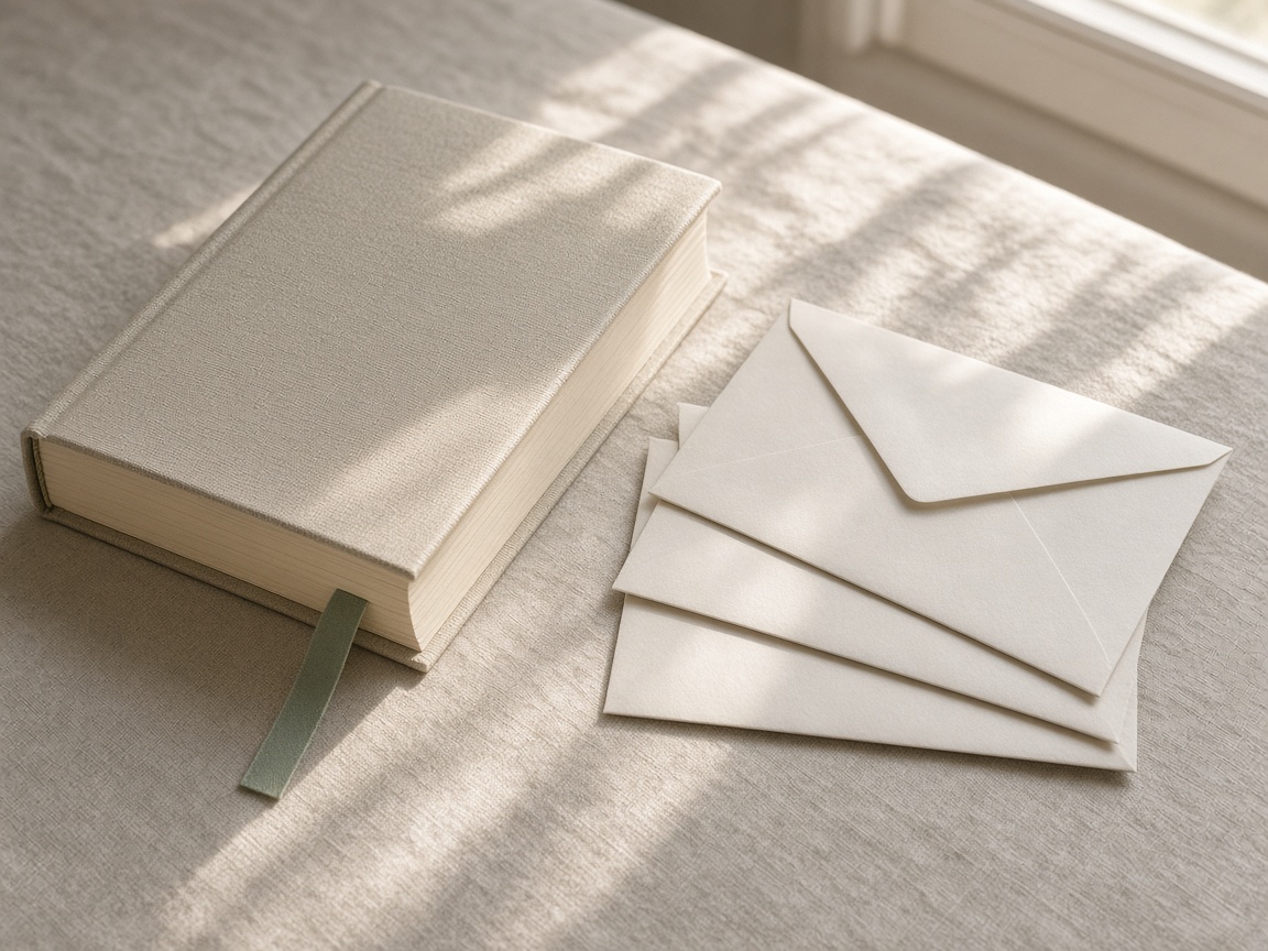 A closer view of a book with a ribbon next to blank envelopes