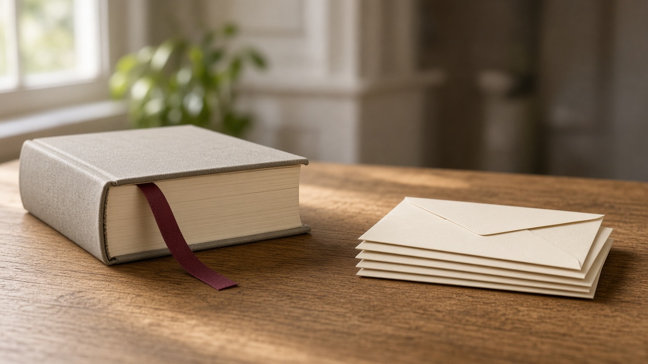 A cloth-covered book with a ribbon beside a small stack of blank envelopes