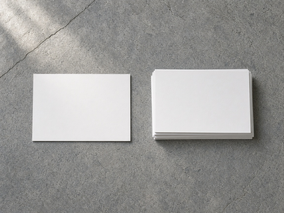 A closer view of one blank card next to a stack