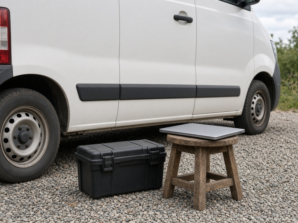 A closer view of a white van with no badge next to a shut laptop