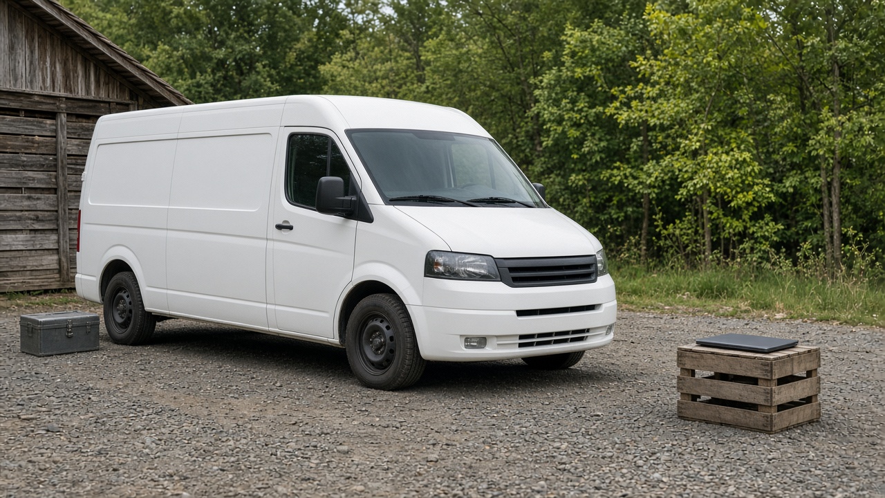 An unmarked white van parked beside a closed laptop on a small outdoor table