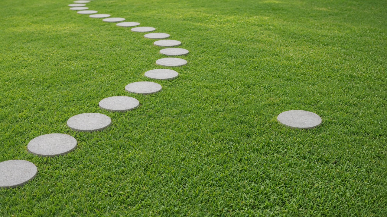 Several stepping stones beside a single stone in the grass