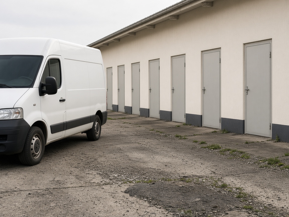 A closer view of one van in front of several plain doors