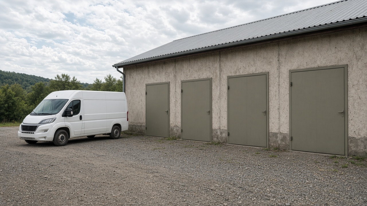 One unmarked white van beside a row of identical plain doors