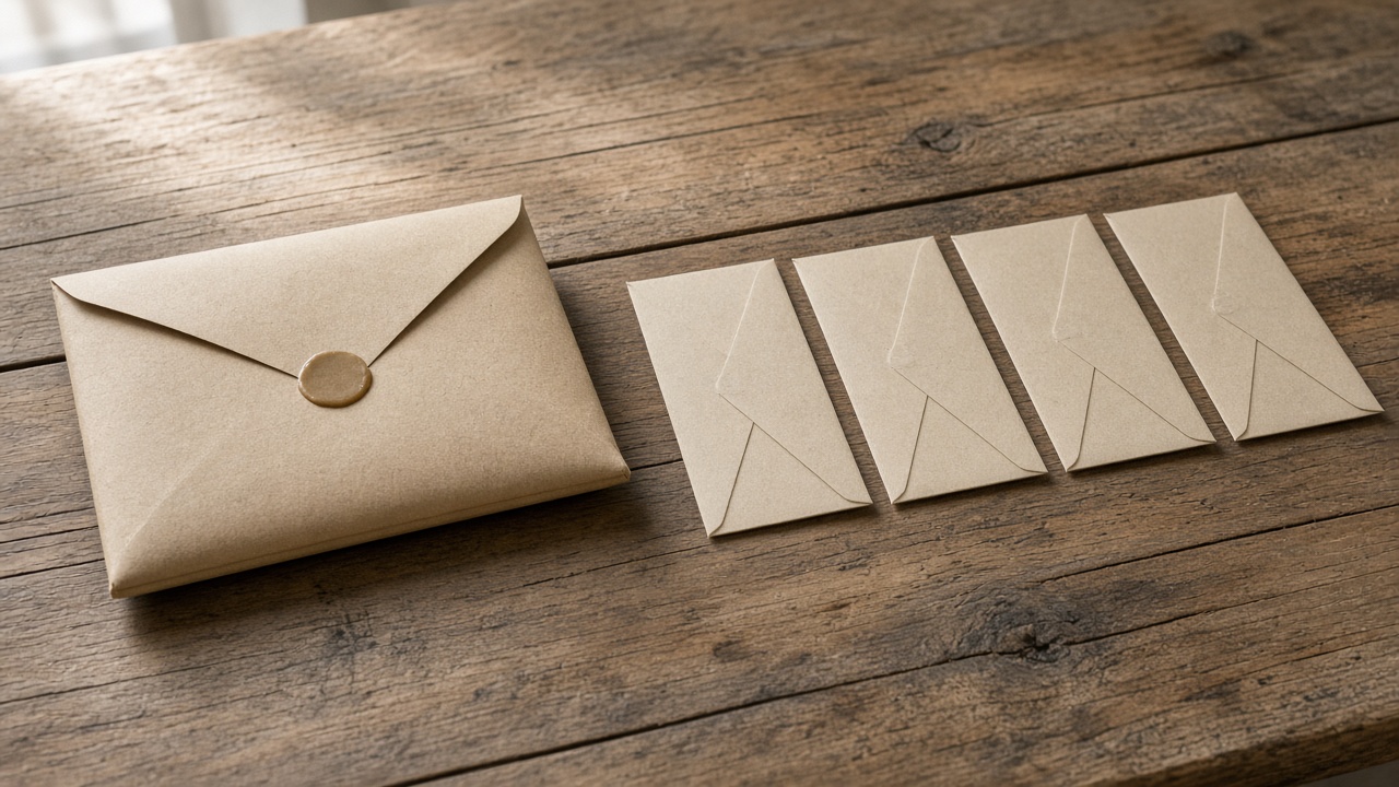 One thick blank envelope beside a short row of thin blank envelopes