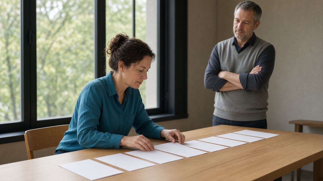 One person sorting identical blank sheets while another watches