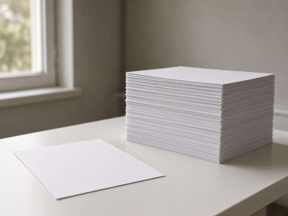 A closer view of a single blank sheet next to a stack of blank paper