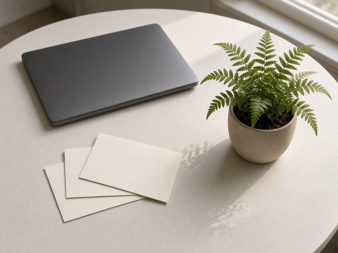 A closer view of a closed laptop, two blank cards, and a small plant
