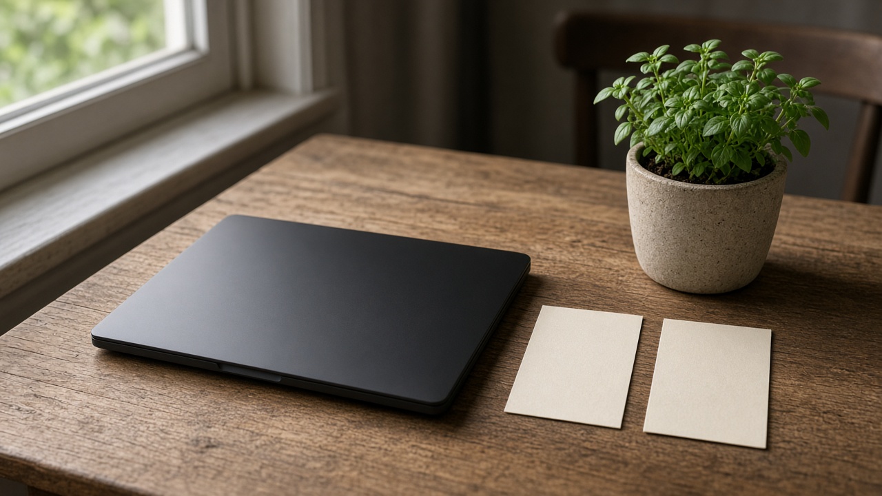 A closed laptop beside two blank index cards and a small plant on a wooden desk