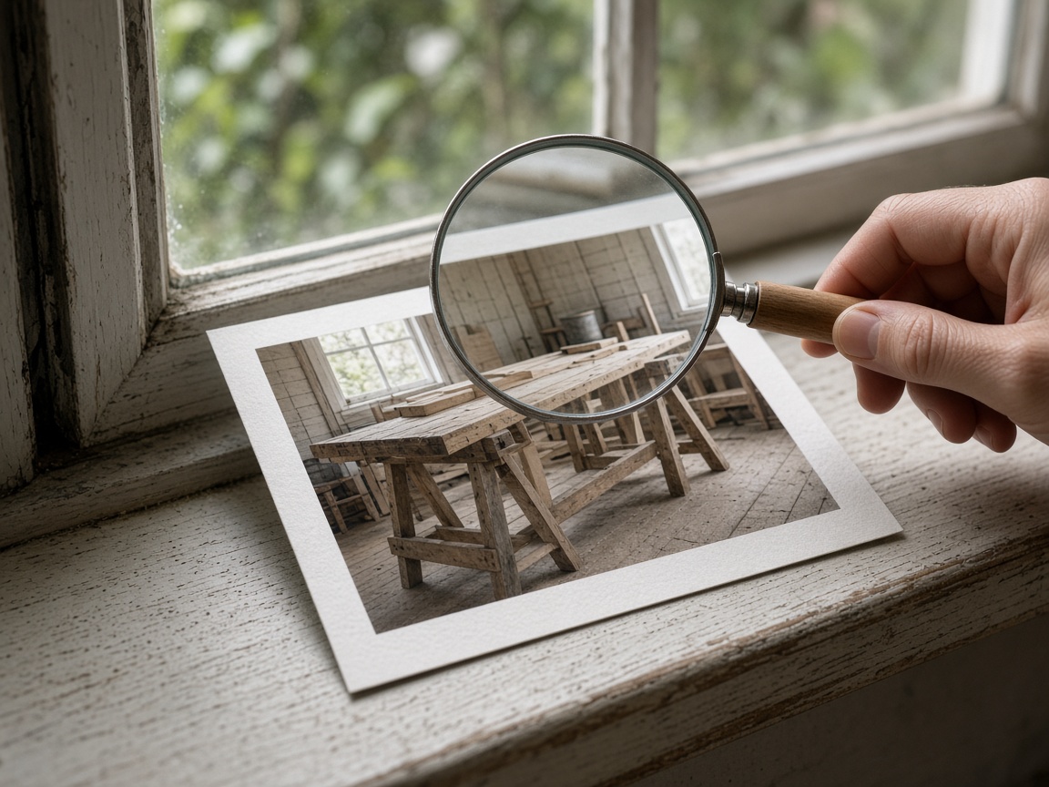 A closer view of a magnifying glass over a workshop photograph