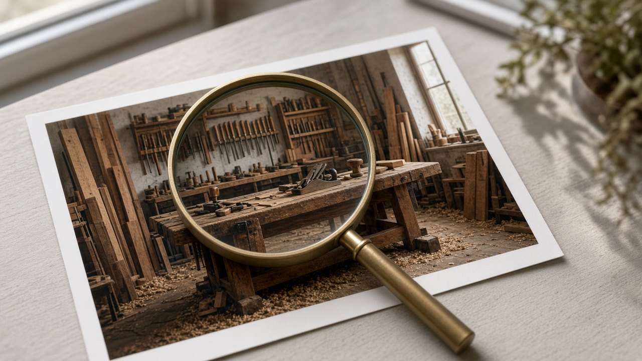 A magnifying glass resting on a photograph of a workshop with no signage