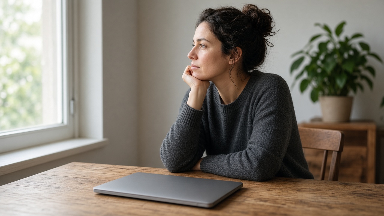 An adult seated at a desk with a laptop closed, in daylight