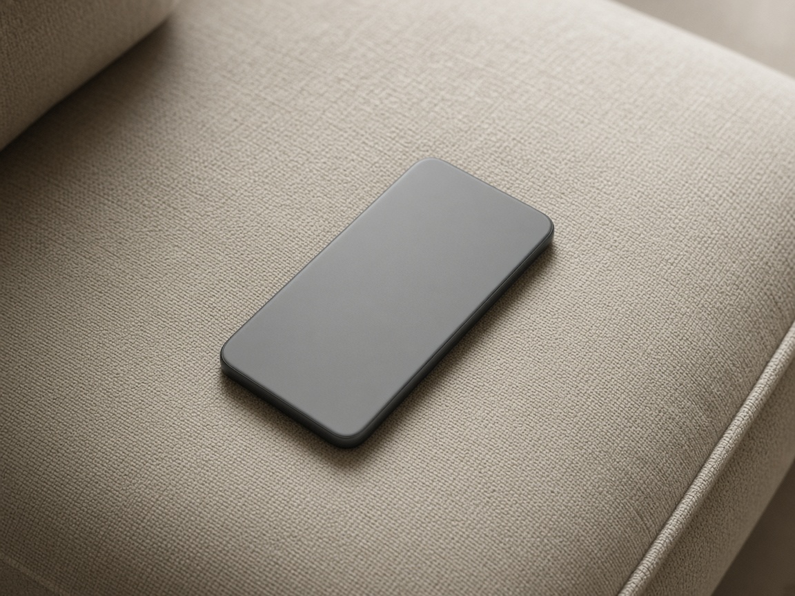 A closer view of a phone turned face down on couch fabric