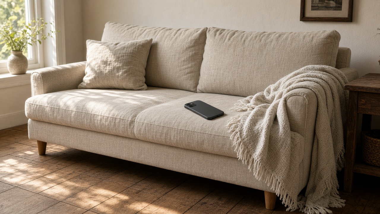 A phone lying face down on a sofa