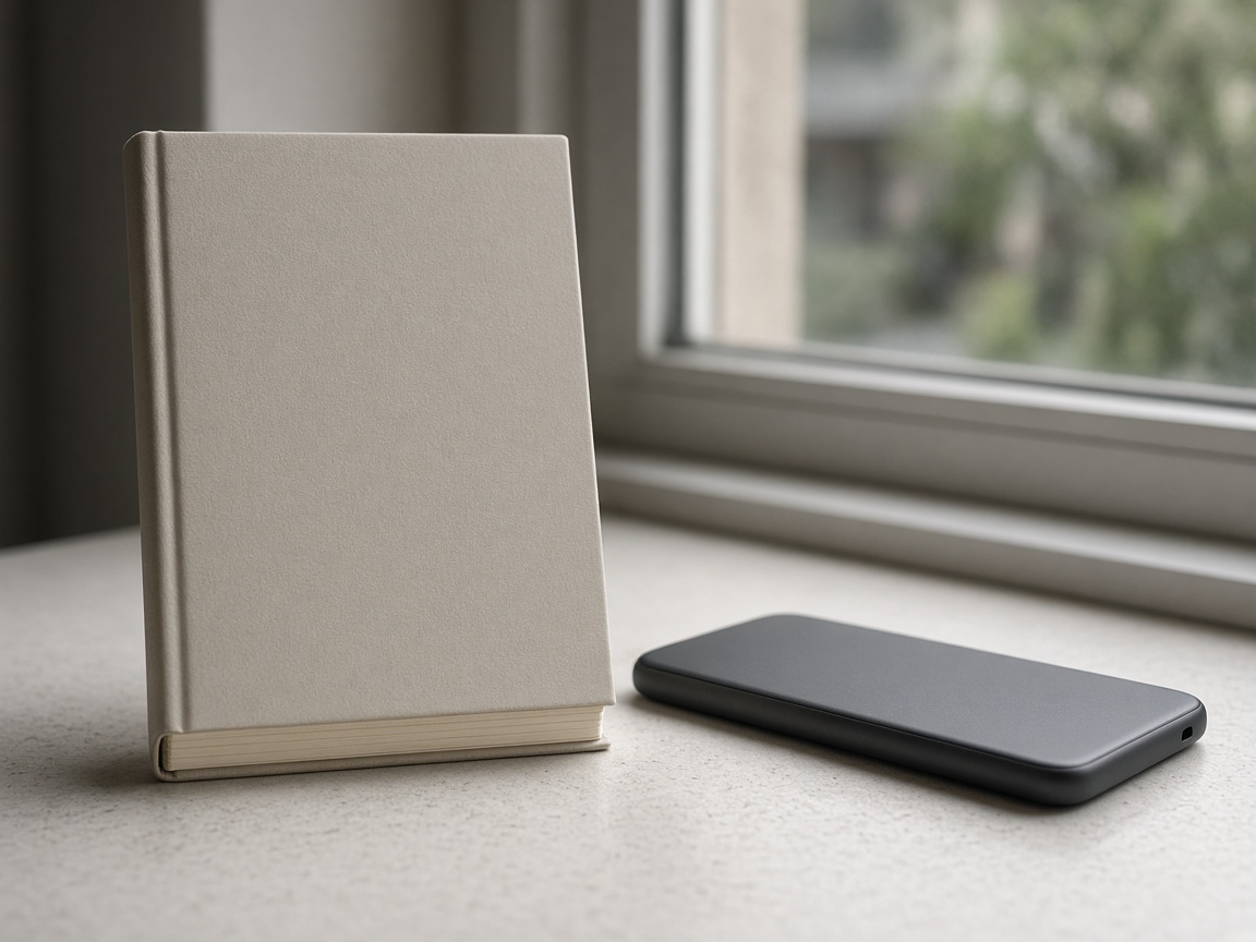 A closer view of a face-down phone and a closed notebook