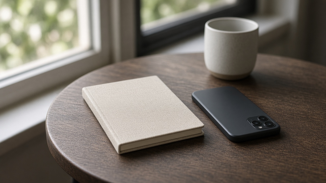 A phone lying face down next to a closed notebook