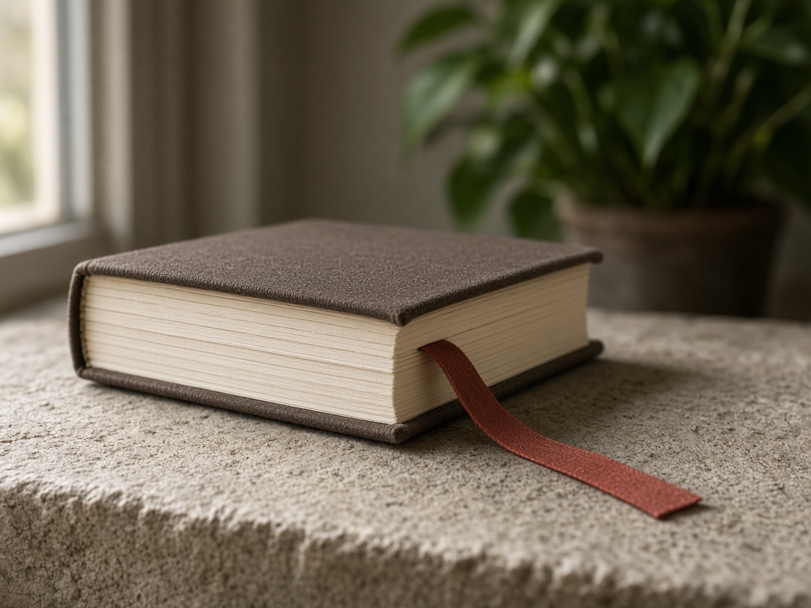 A closer view of a ribbon bookmark in a cloth-covered book