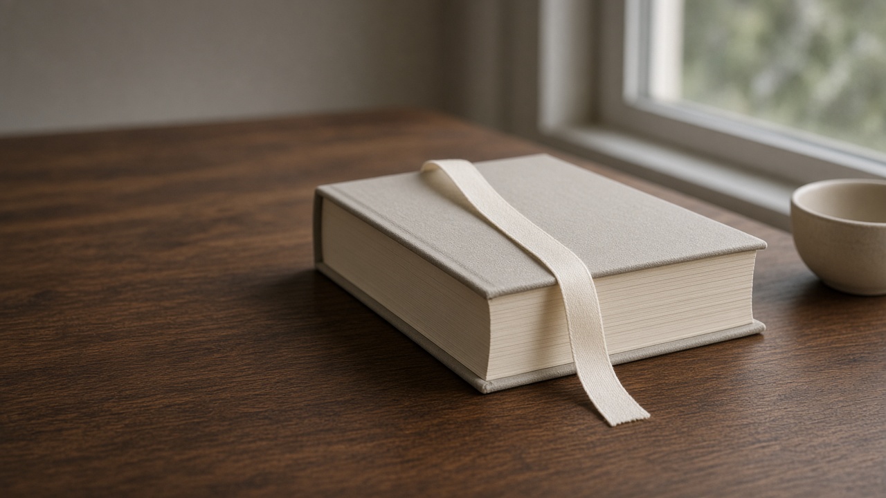A cloth-covered book seen from the page edge, with a ribbon bookmark and no visible title