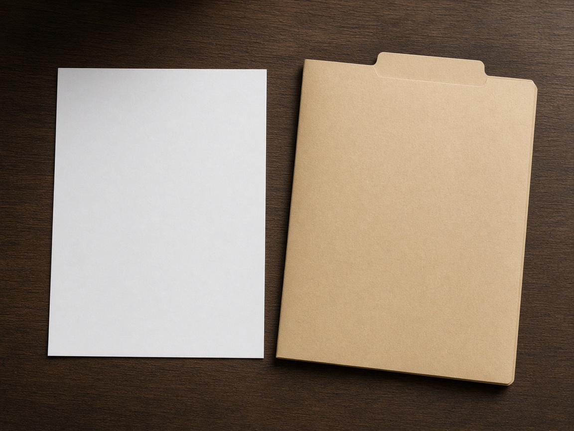 A closer view of a blank sheet next to a plain folder