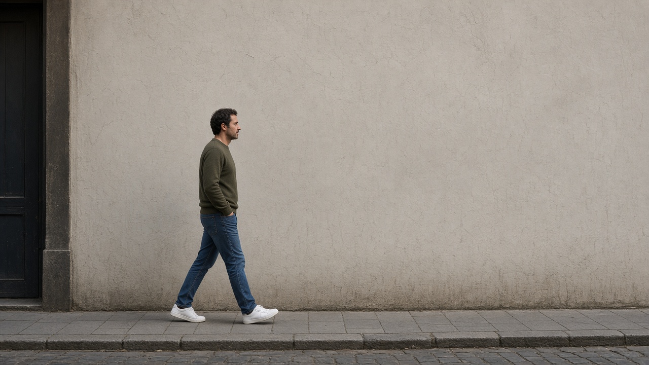 A person walking past a large blank wall with nothing printed on it