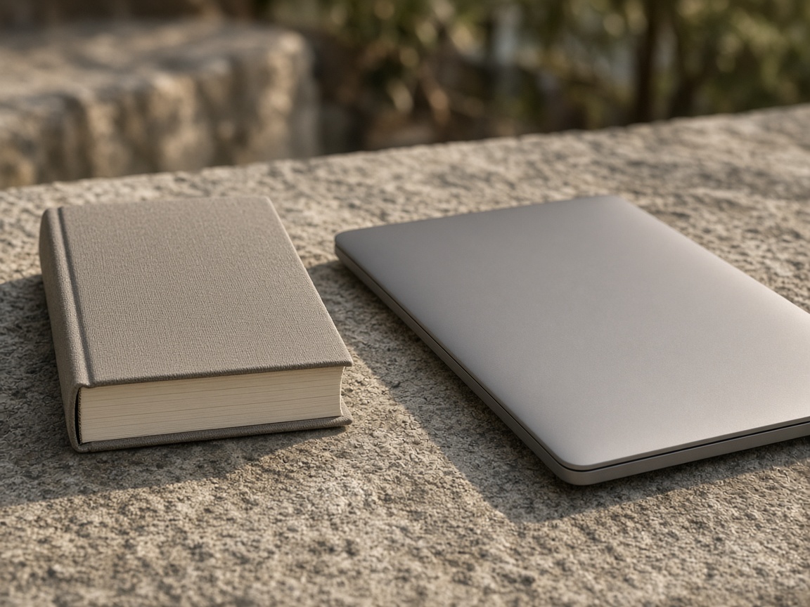 A closer view of a closed book next to a closed laptop
