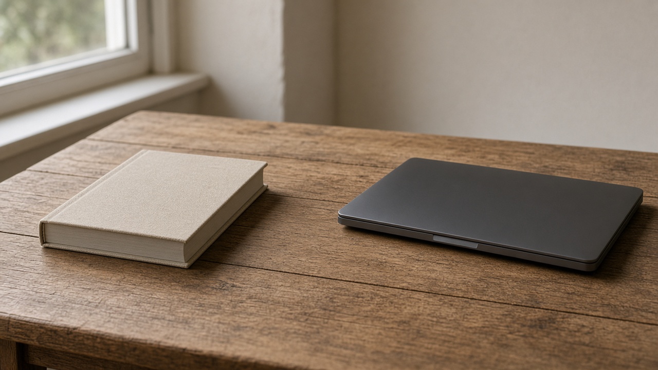 A closed book beside a closed laptop on a wooden desk