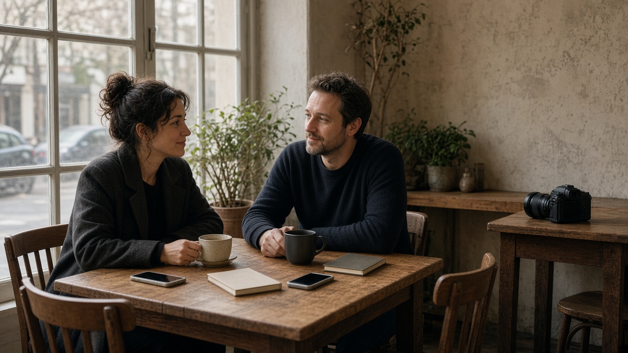 Two people in conversation beside a camera sitting unused on a table