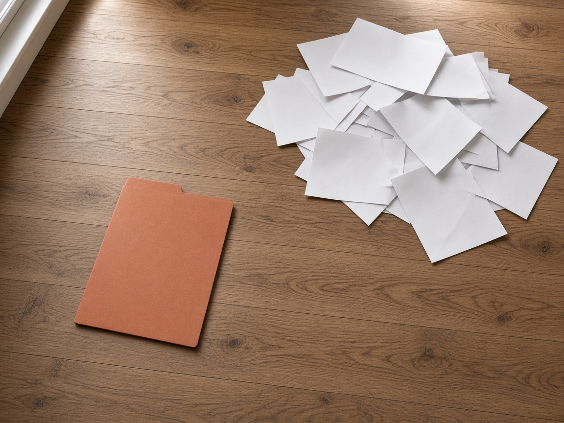 A closer view of one folder next to scattered blank pages