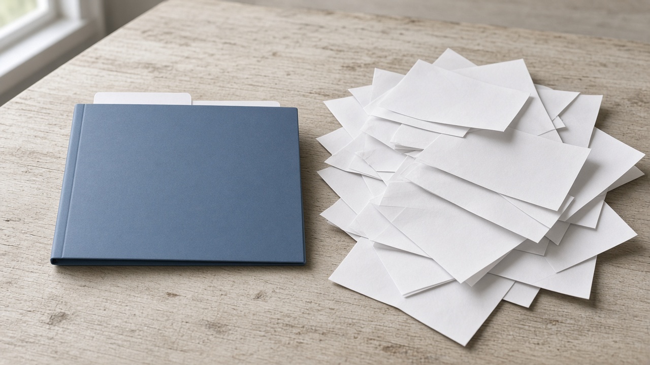One plain folder beside several scattered blank pages
