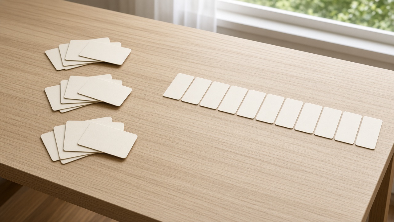 Blank cards grouped in clusters beside cards set in one long row