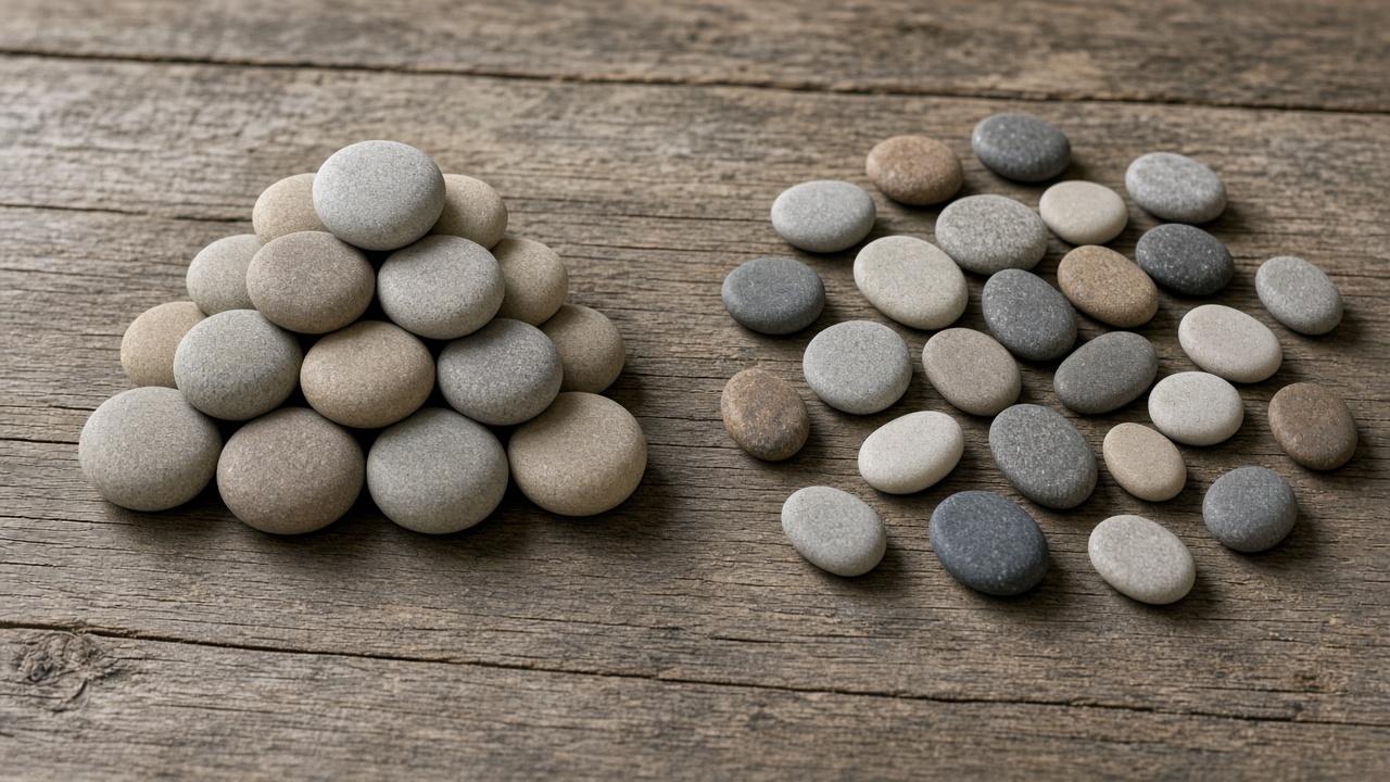 One tight cluster of stones beside a scattered pile of stones