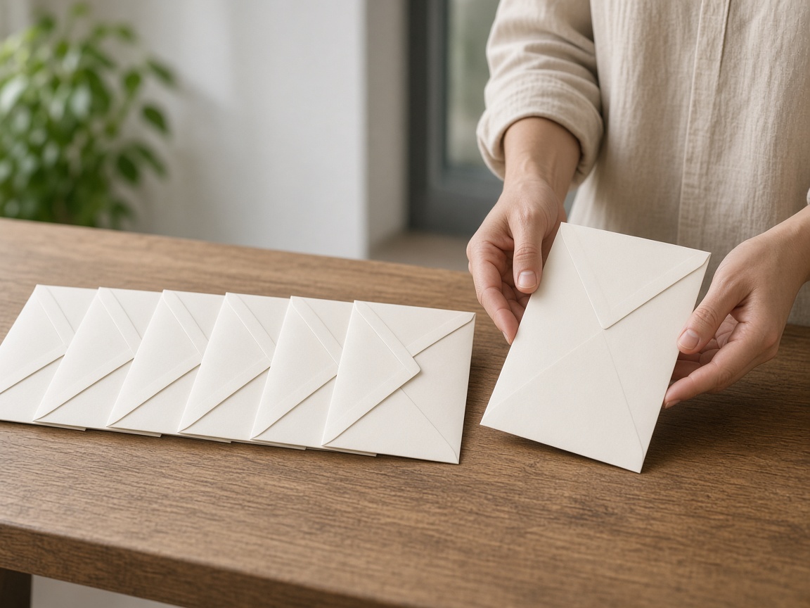 A closer view of one envelope in a person's hands, with a row behind