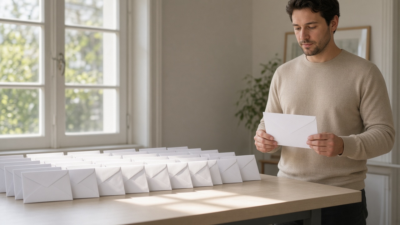 A row of blank envelopes beside one person holding a single envelope