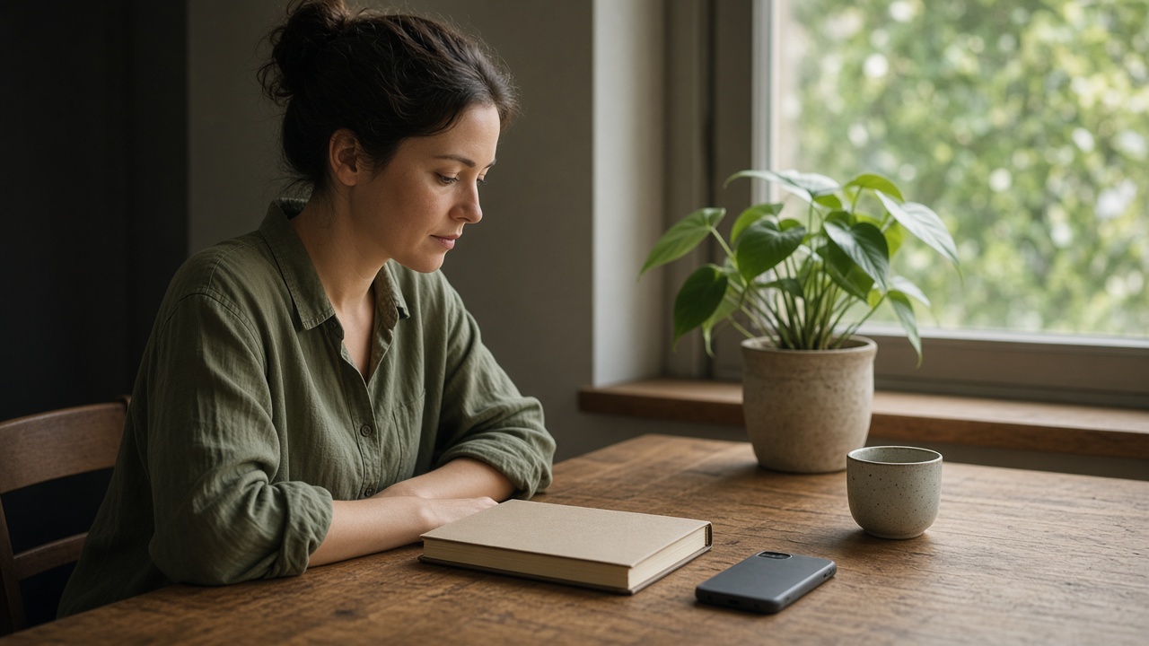 One person at a desk with a closed notebook, seen as a quiet workspace