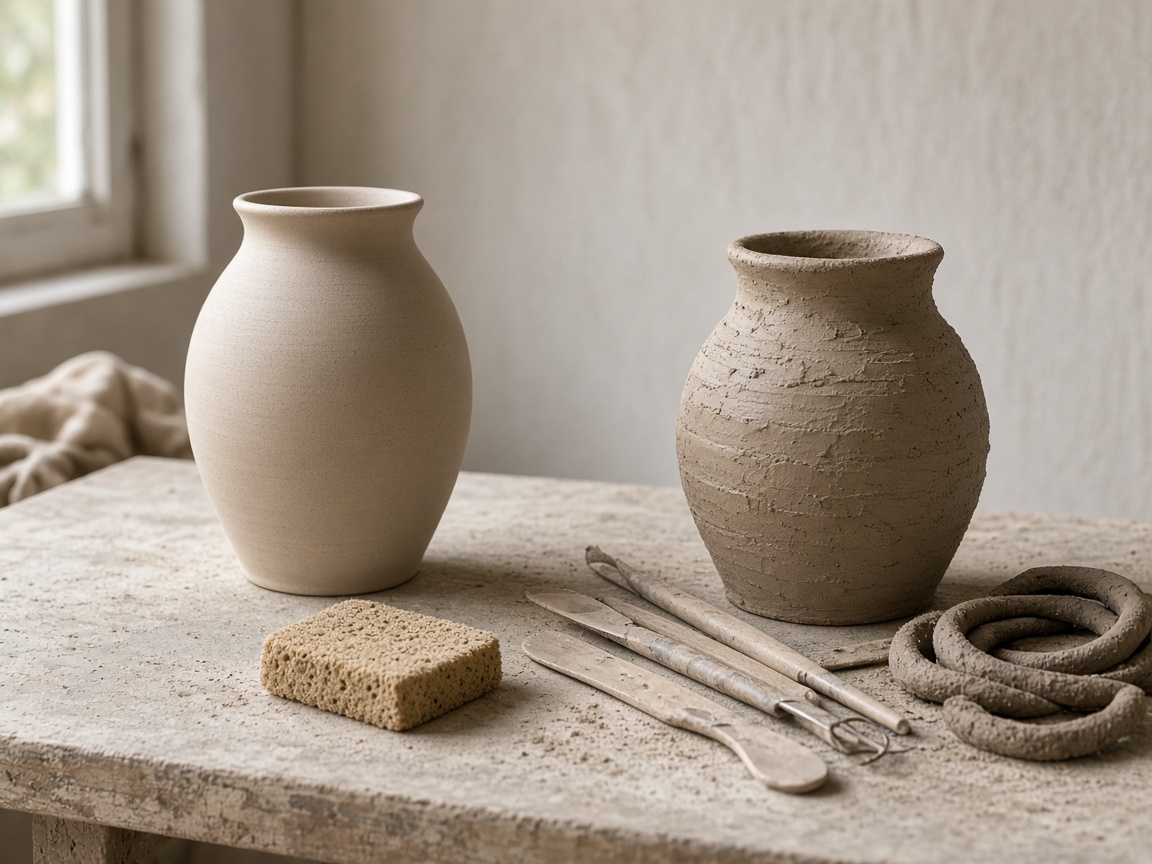 A closer view of a plain vase with clay tools beside it
