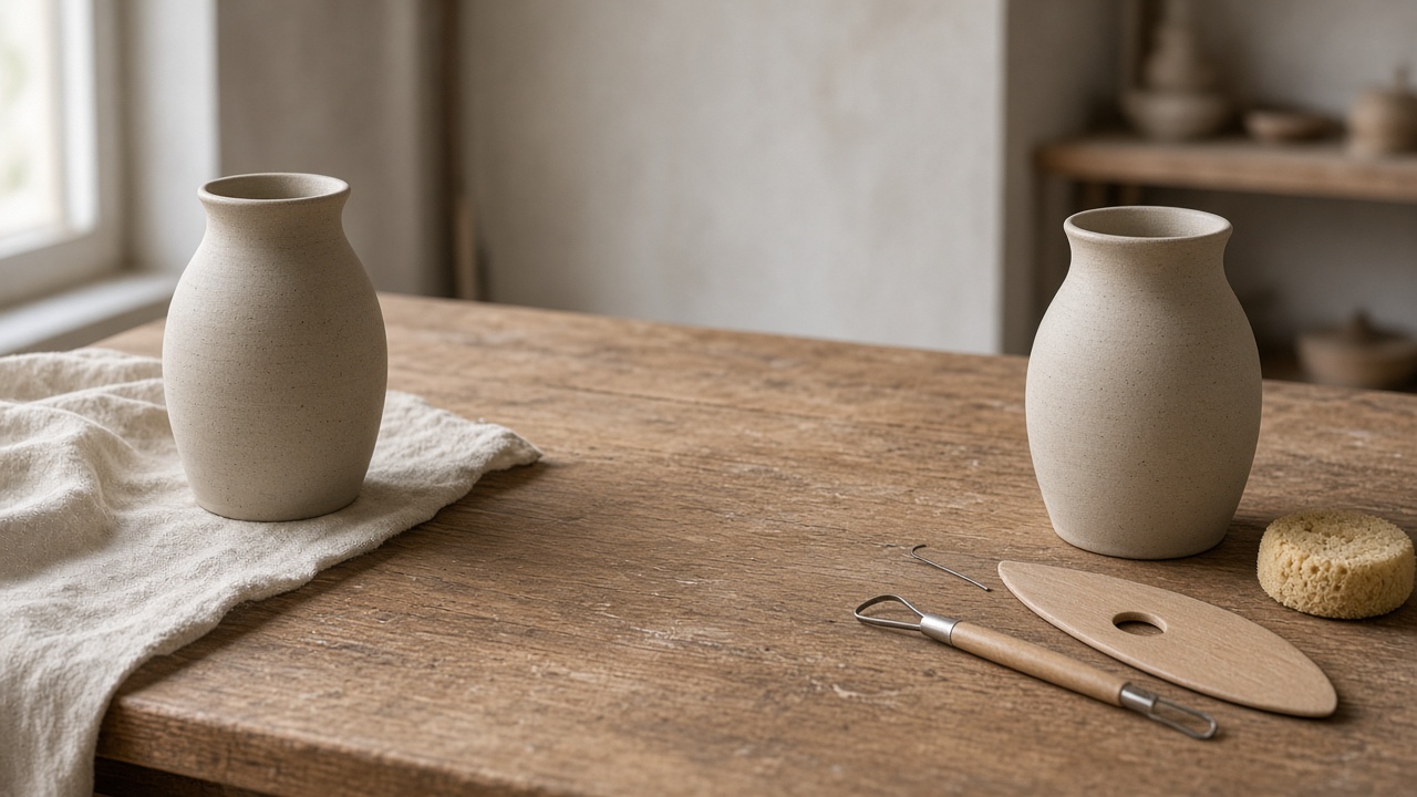 A styled empty vase beside the same kind of vase with clay tools around it