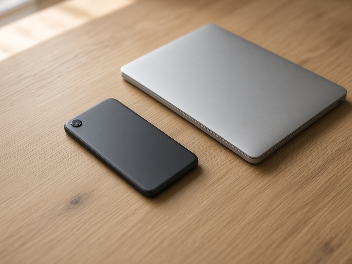 A closer view of a phone turned over next to a shut laptop