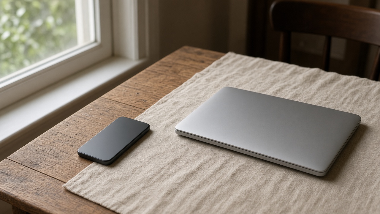 A face-down phone beside a closed laptop