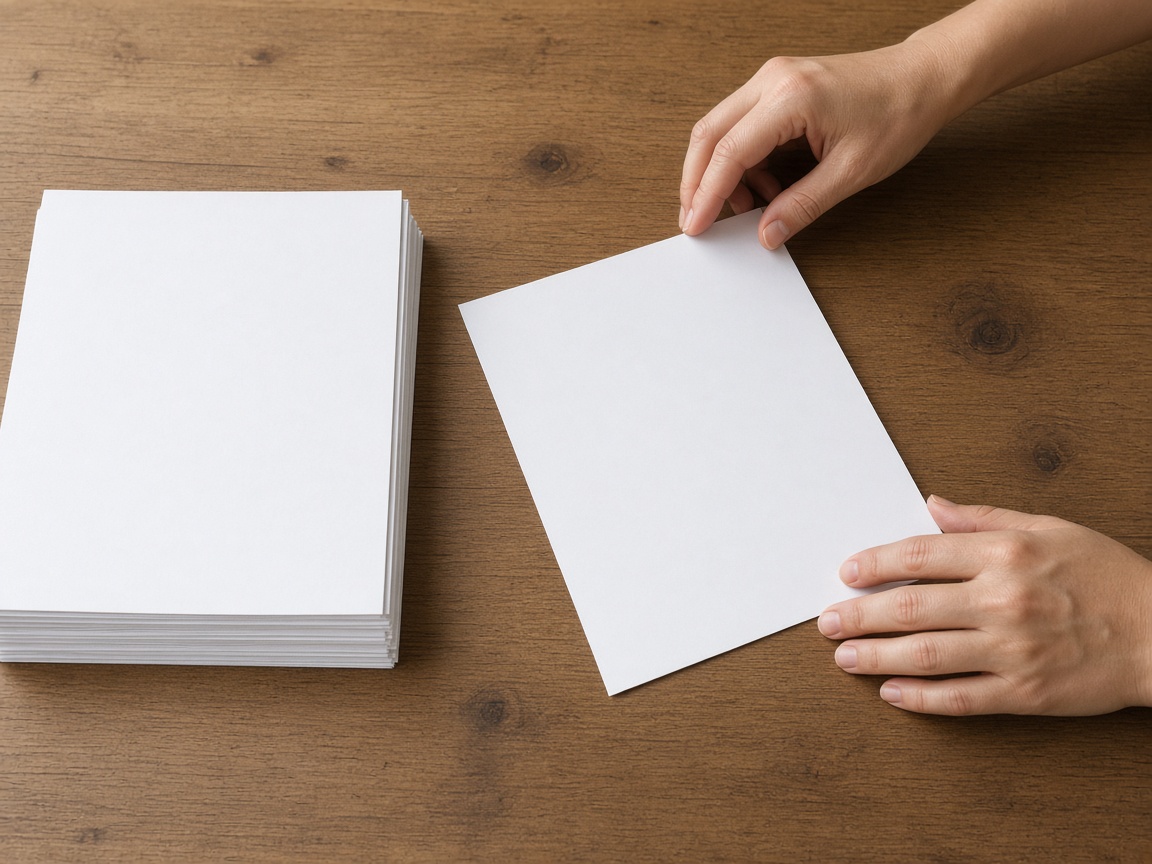 A closer view of one sheet being aligned, with a blank stack nearby