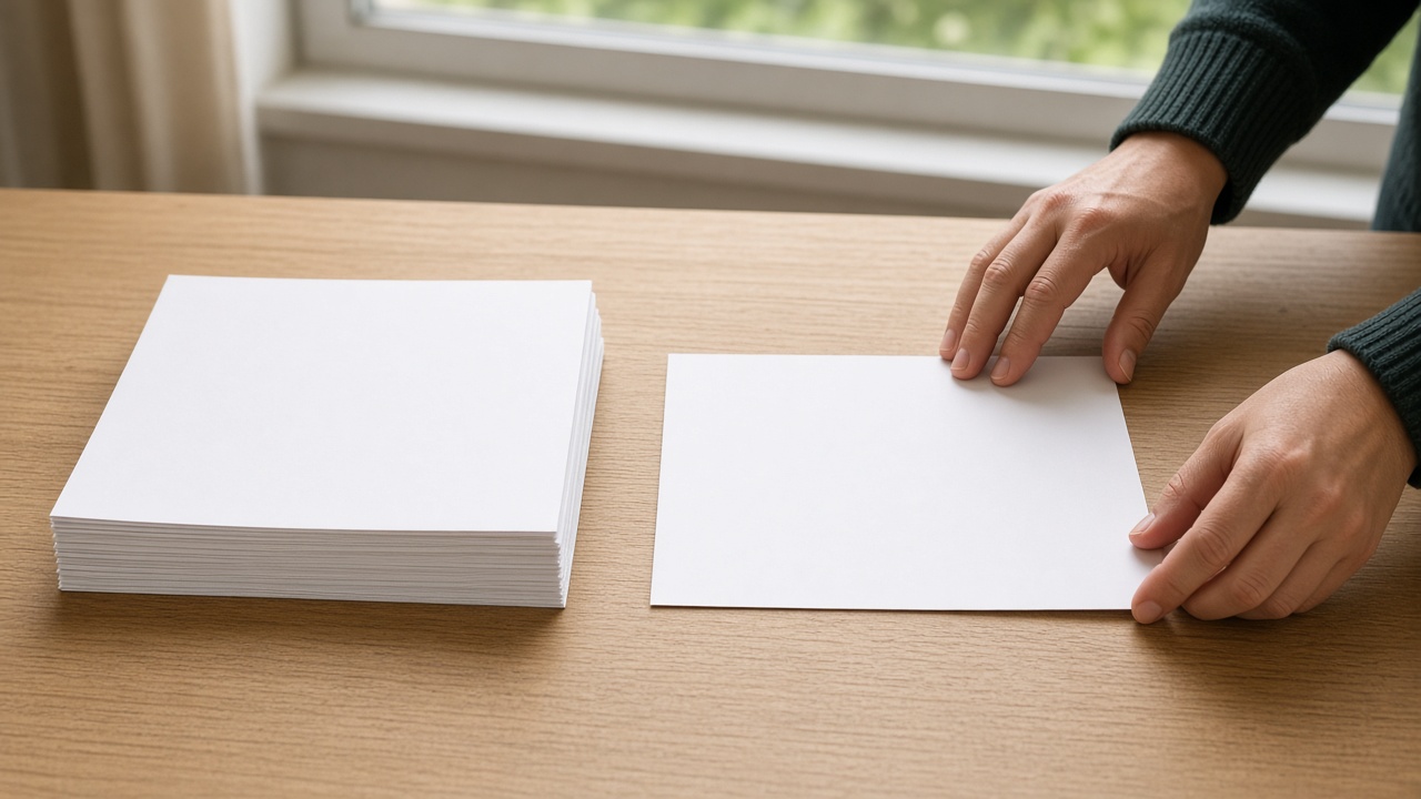A fresh stack of blank paper beside one sheet being straightened