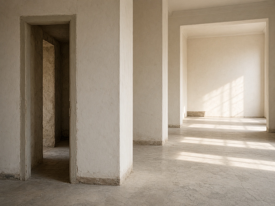 A closer view of a narrow door opening onto a wide hall