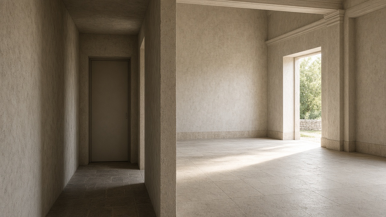 A narrow doorway beside a wide empty hall