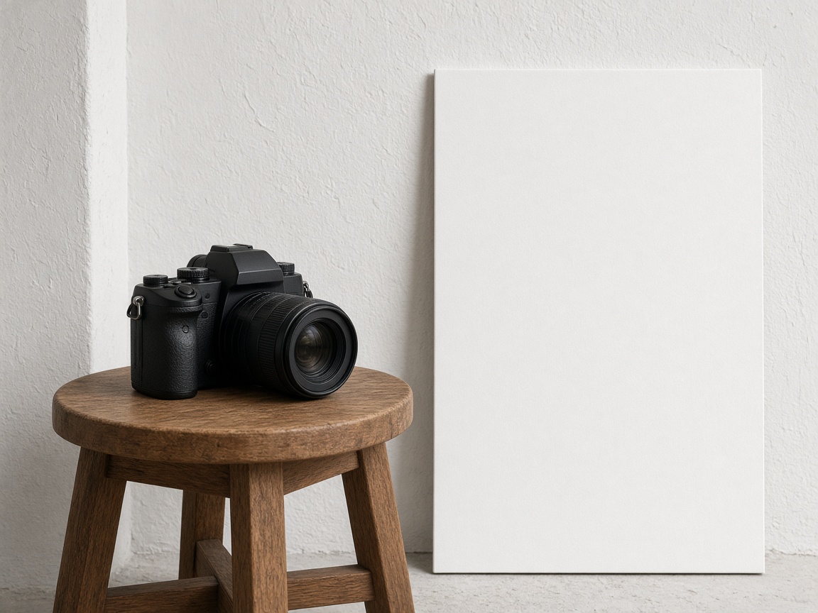 A closer view of a camera next to a blank board
