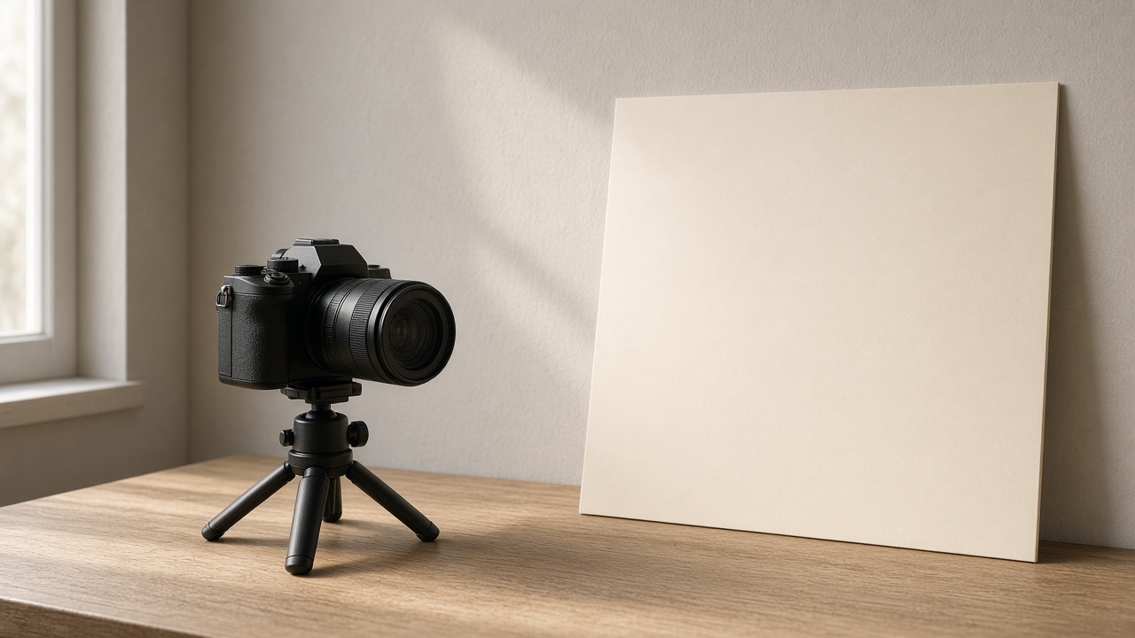 A camera beside a blank poster board leaning on a wall